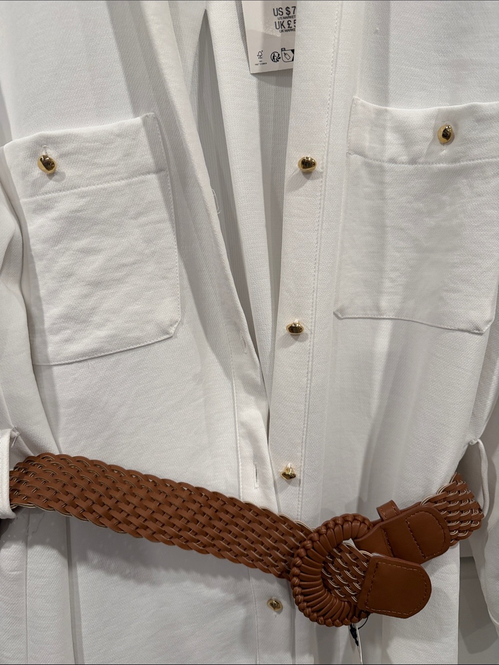Zara White Button-Front Maxi Shirt Dress with Brown Braided Belt - Picture 3 of 5